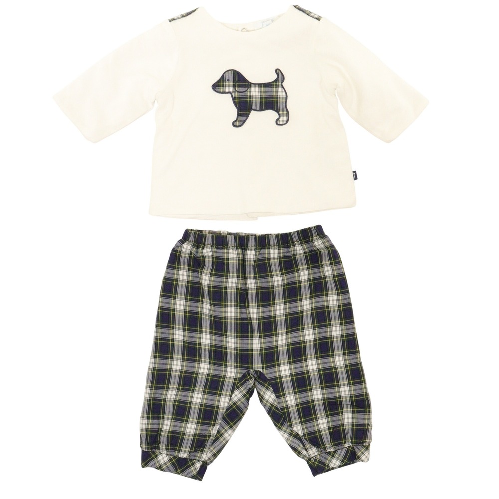 Jacadi Paris Baby Outfit Set Plaid Dog Applique Snap Back Cotton Kids 3M